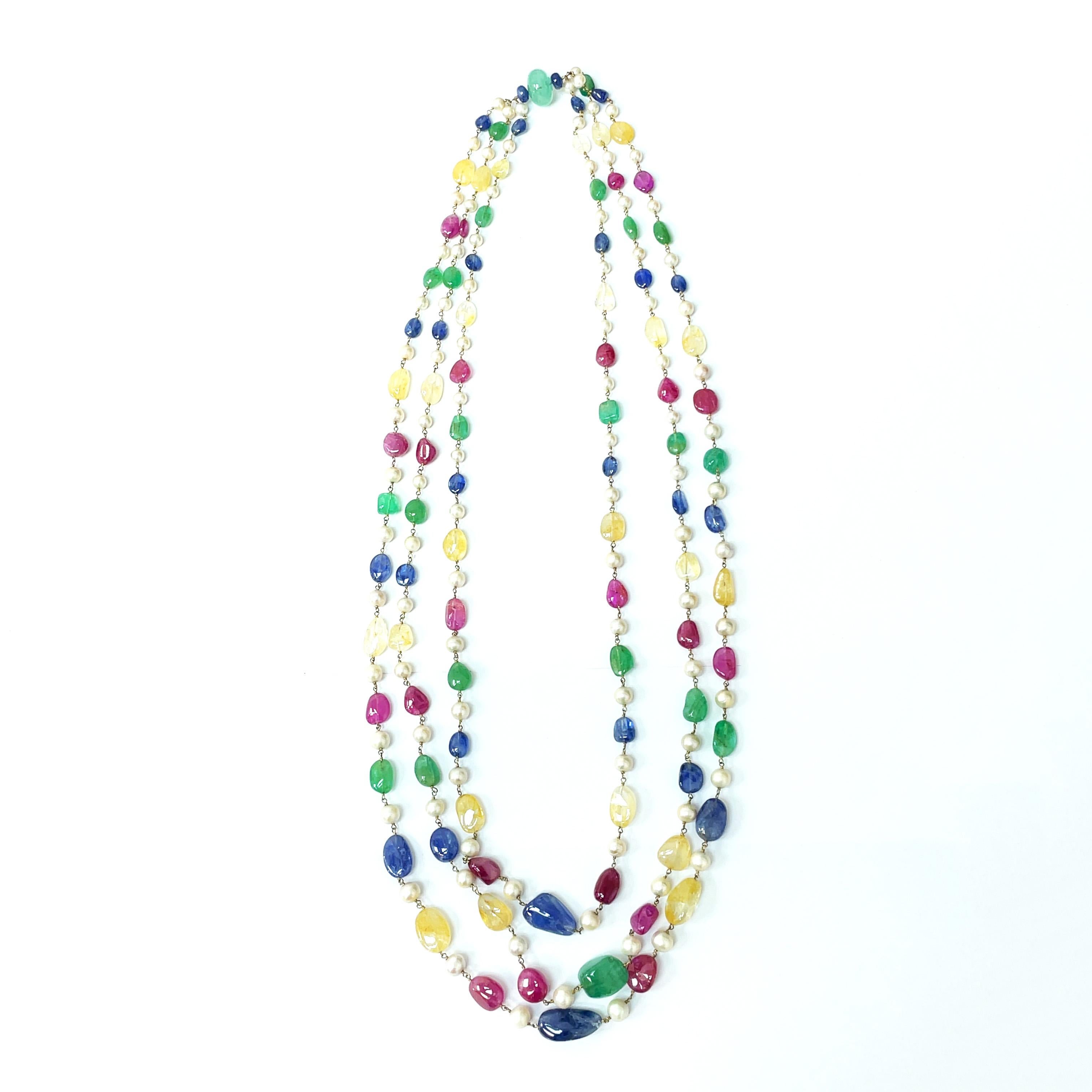 Oval Cut Blue Sapphire Emerald Ruby and Yellow Sapphire Ctw 811 Multi-Strand Beaded Neckl For Sale