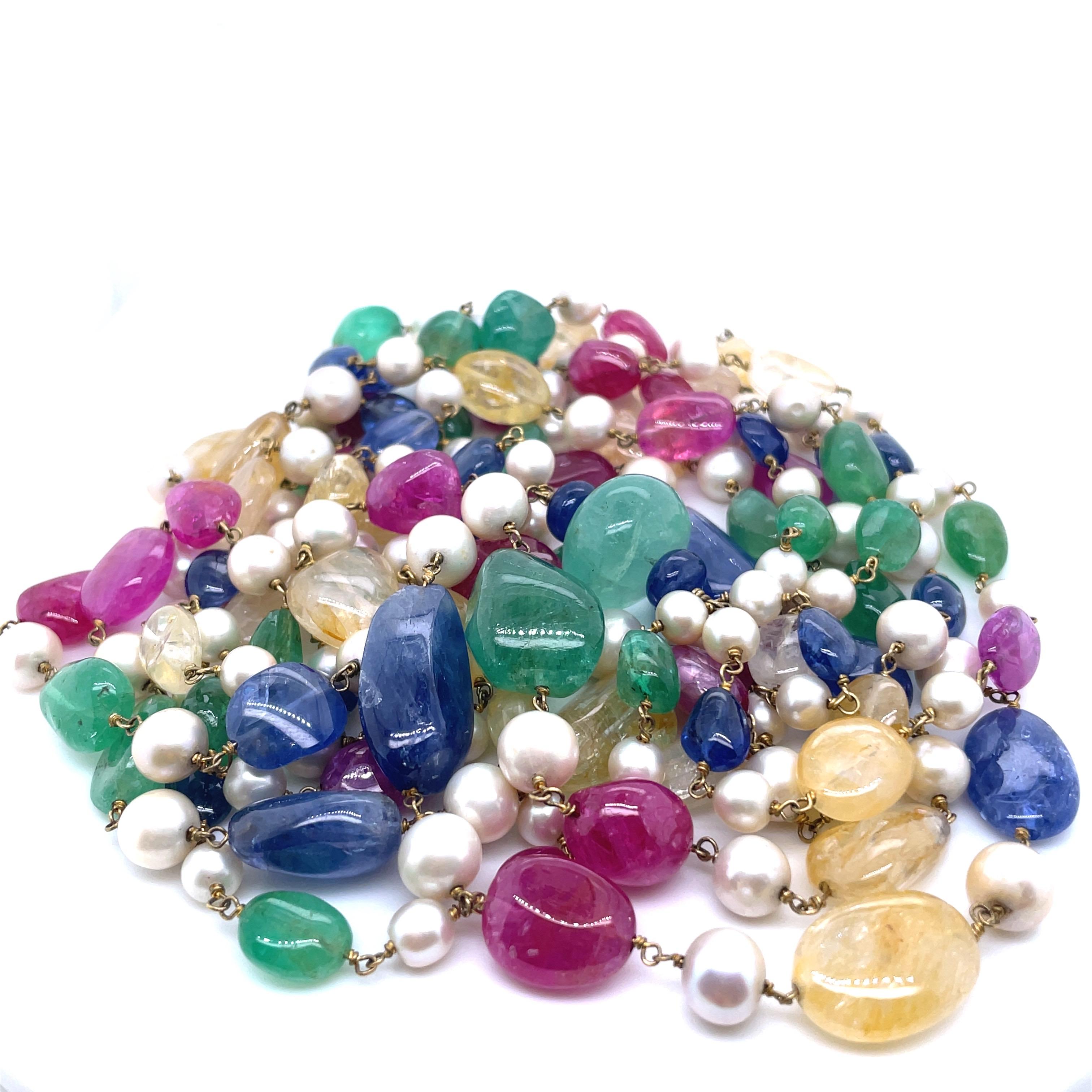Blue Sapphire Emerald Ruby and Yellow Sapphire Ctw 811 Multi-Strand Beaded Neckl In New Condition For Sale In Hong Kong, HK