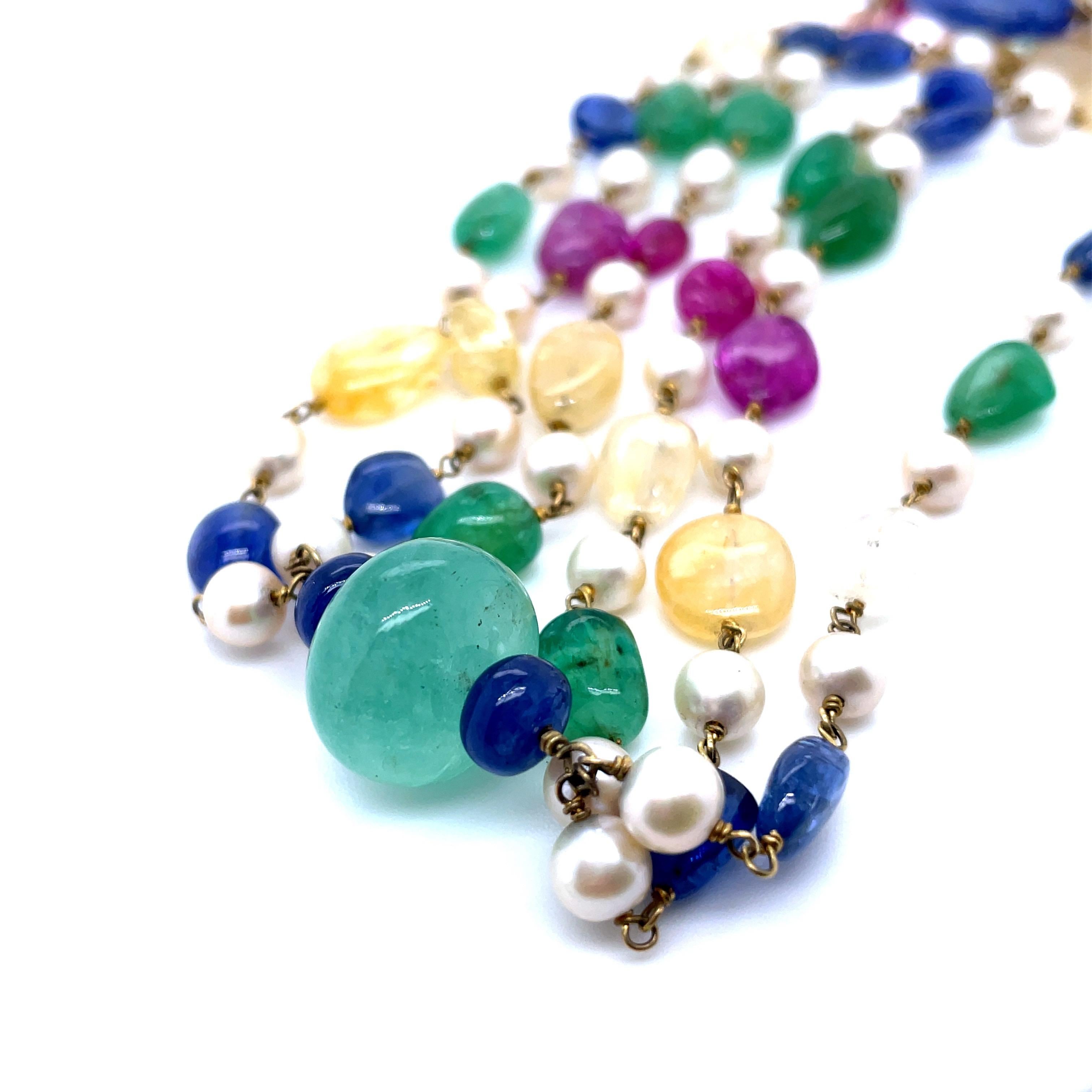 Women's Blue Sapphire Emerald Ruby and Yellow Sapphire Ctw 811 Multi-Strand Beaded Neckl For Sale