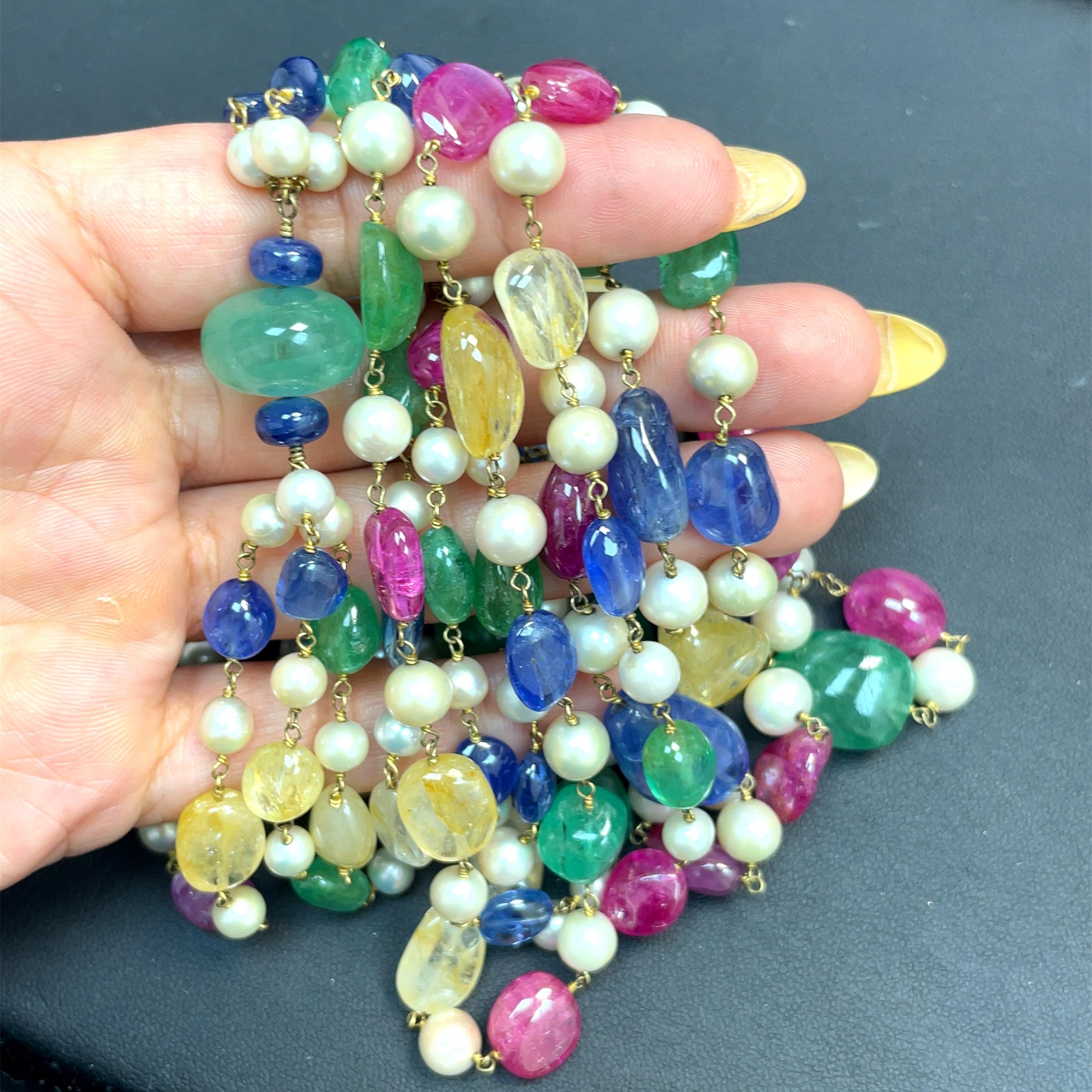 Blue Sapphire Emerald Ruby and Yellow Sapphire Ctw 811 Multi-Strand Beaded Neckl For Sale 1