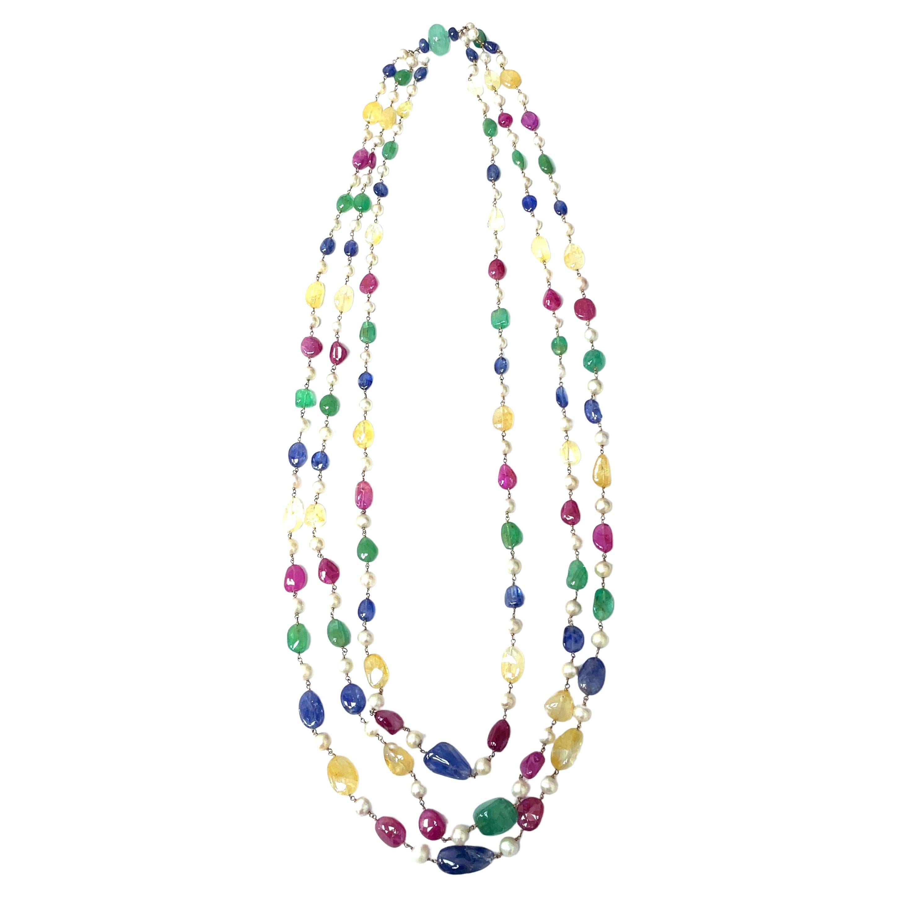 Blue Sapphire Emerald Ruby and Yellow Sapphire Ctw 811 Multi-Strand Beaded Neckl For Sale