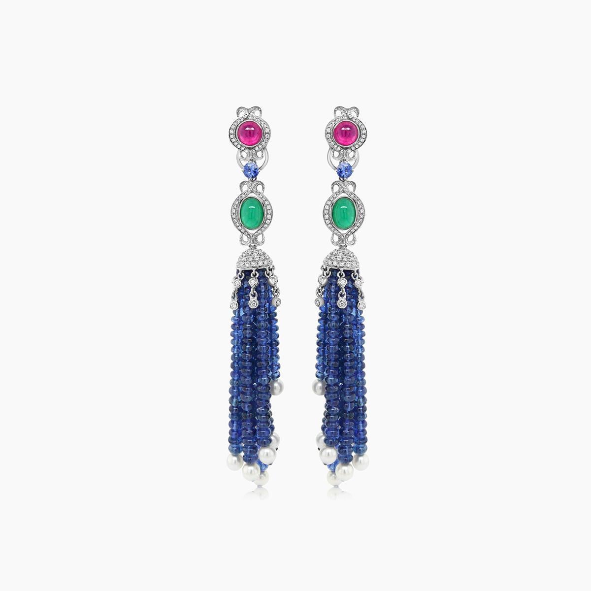 Mixed Cut Blue Sapphire, Emerald, Ruby & Pearl 18K White Gold Tassel Bead Drop Earrings For Sale
