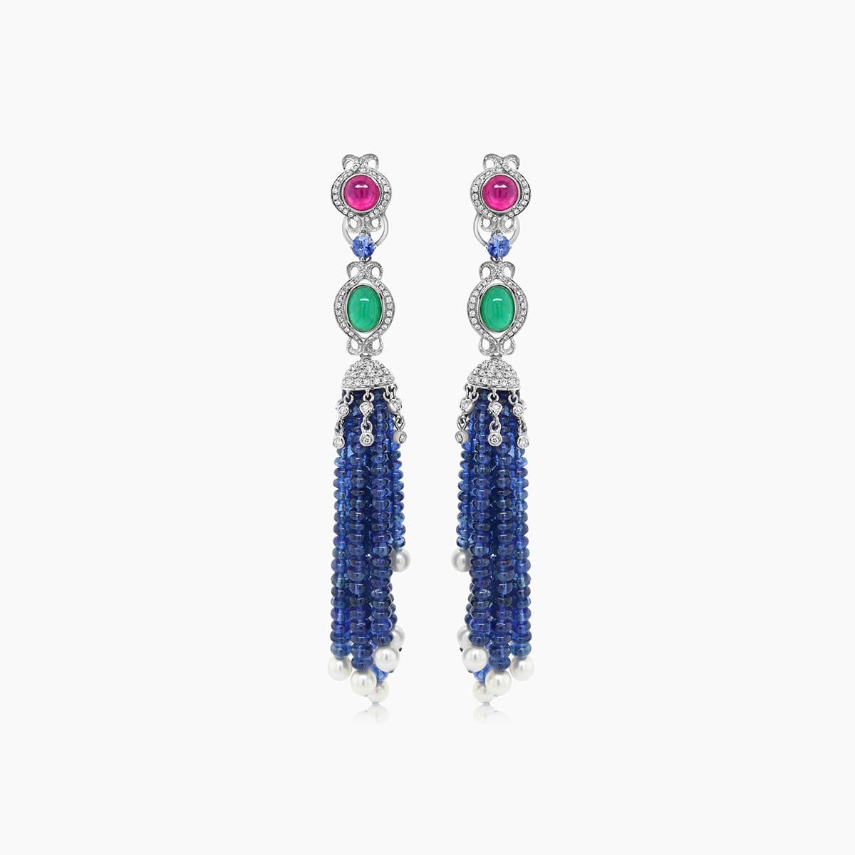 Blue Sapphire, Emerald, Ruby & Pearl 18K White Gold Tassel Bead Drop Earrings In New Condition For Sale In Oakton, VA