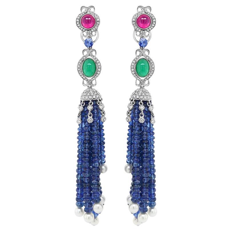Blue Sapphire, Emerald, Ruby & Pearl 18K White Gold Tassel Bead Drop Earrings