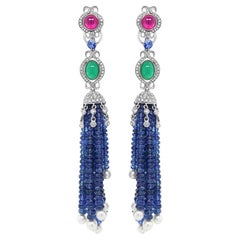 Blue Sapphire, Emerald, Ruby & Pearl 18K White Gold Tassel Bead Drop Earrings