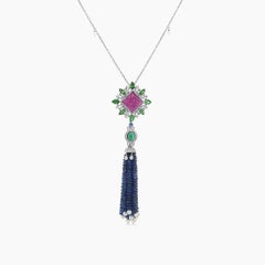 Blue Sapphire Emerald Ruby Pearl & Diamond 18K White Gold Bead Necklace