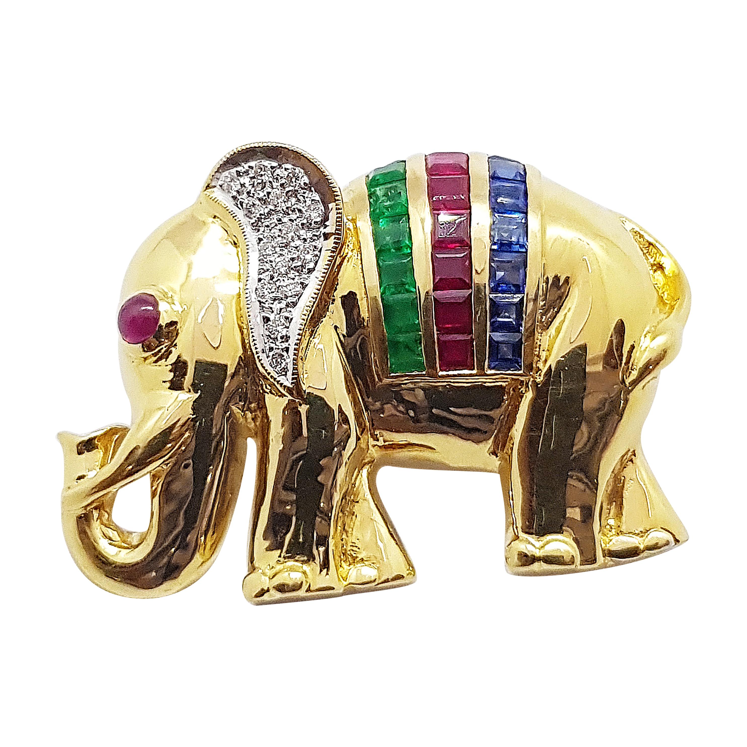 Blue Sapphire, Emerald, Ruby with Diamond Elephant Brooch/Pendant in 18k Gold