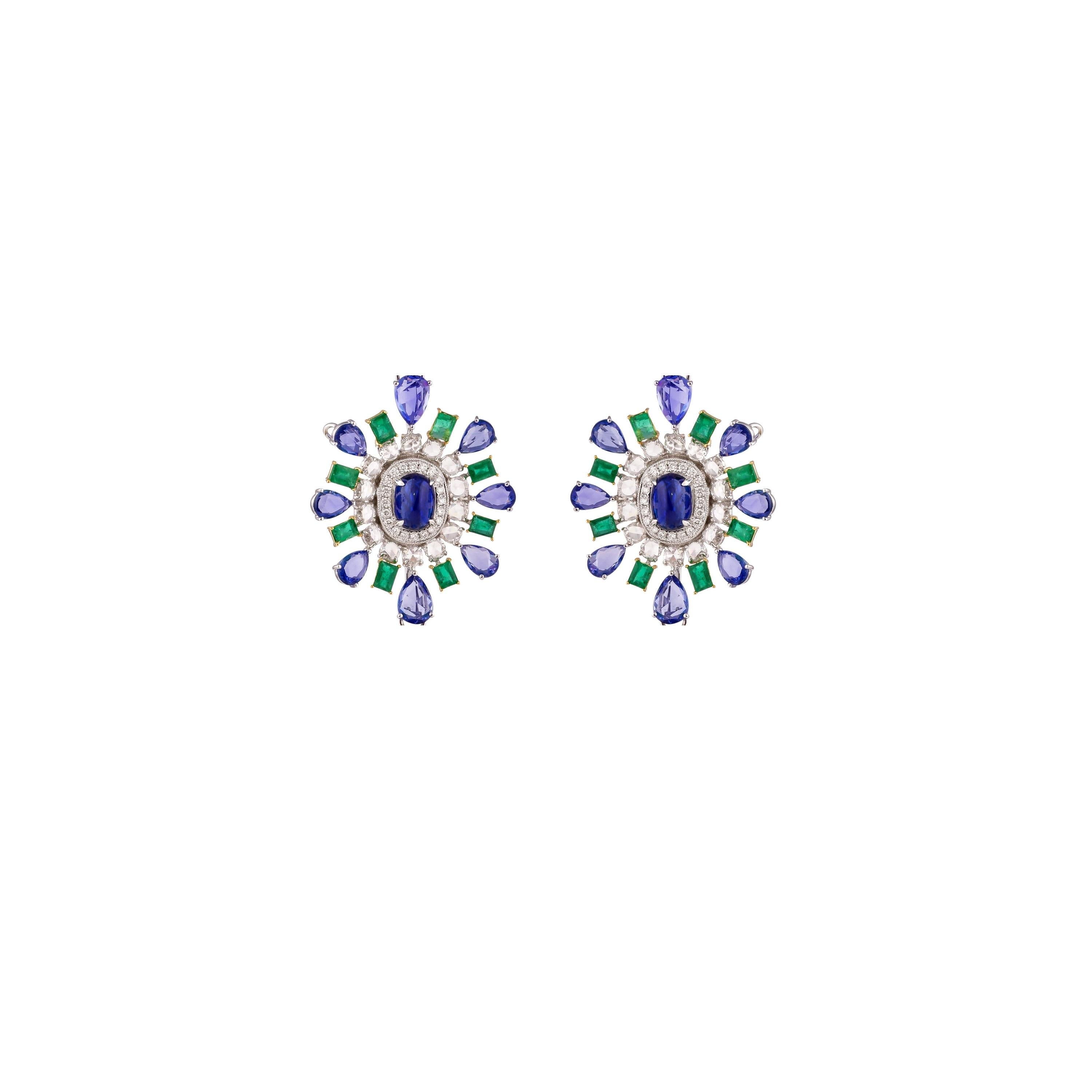 Mixed Cut Blue Sapphire & Emerald Stud Earrings with Diamond in 18 Karat White Gold For Sale