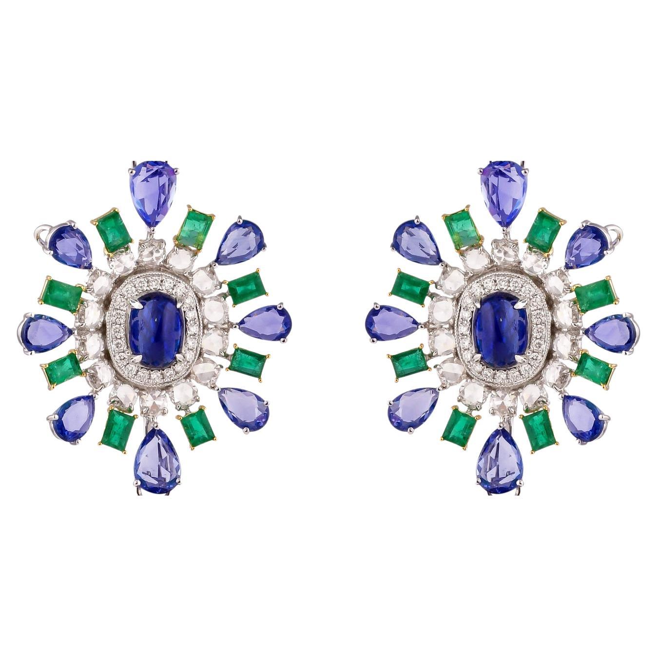 Blue Sapphire & Emerald Stud Earrings with Diamond in 18 Karat White Gold