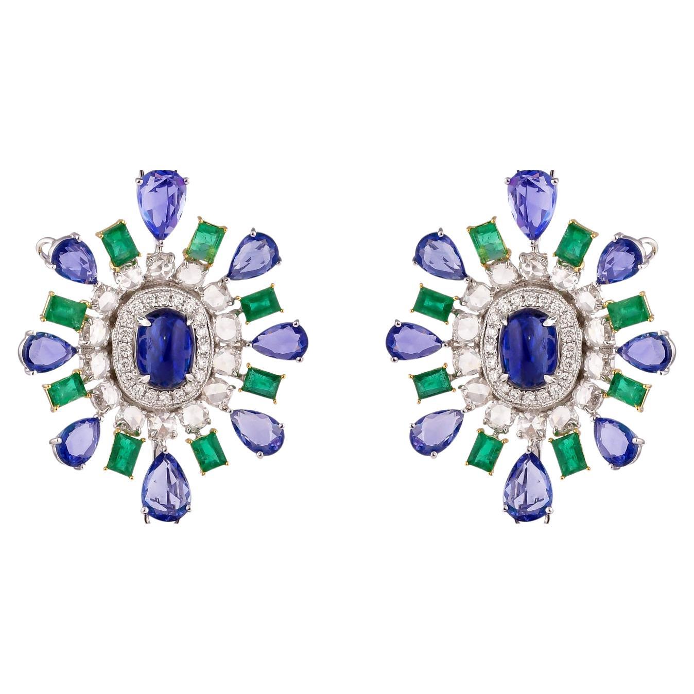 Sunita Nahata Blue Sapphire 3.46ct. Stud Earring in 18KWG with Diamond, Emerald