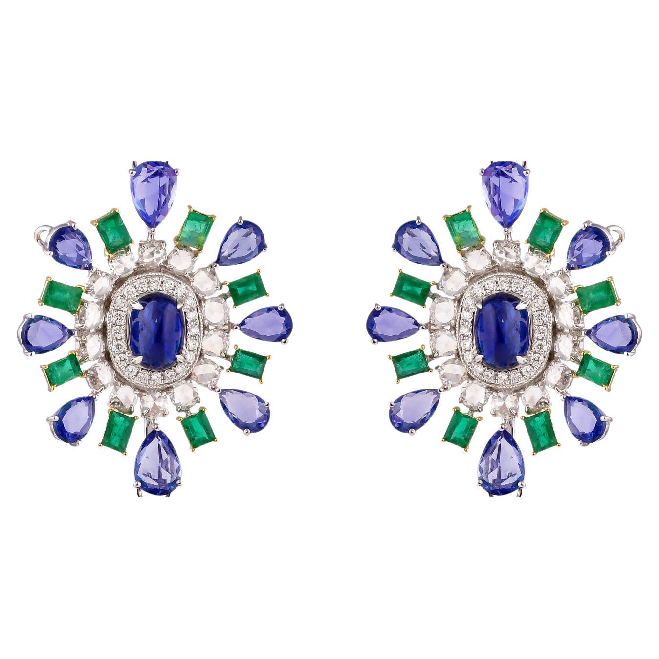 Clous d'oreilles en or blanc 18 carats, saphir bleu et émeraude avec diamants