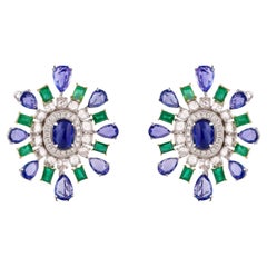 Blue Sapphire & Emerald Stud Earrings with Diamond in 18 Karat White Gold
