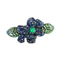 Blue Sapphire, Emerald, Tsavorite & Diamond Ring