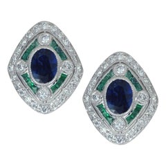 Blue Sapphire, Emerald with Diamond Earrings