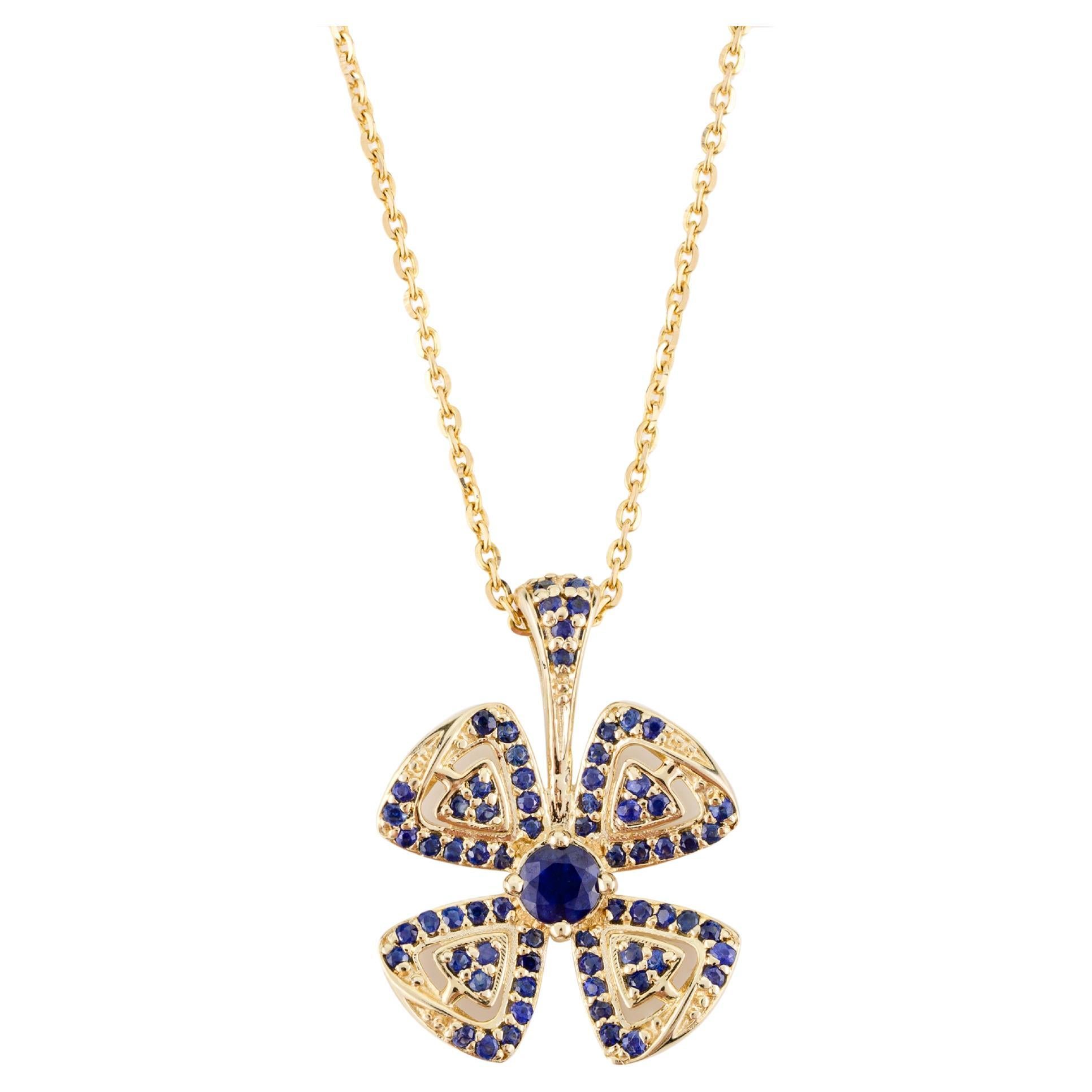 Blue Sapphire Encrusted Flower Pendant Chain Necklace in 14k Solid Yellow Gold