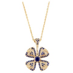 Blue Sapphire Encrusted Flower Pendant Chain Necklace in 14k Solid Yellow Gold