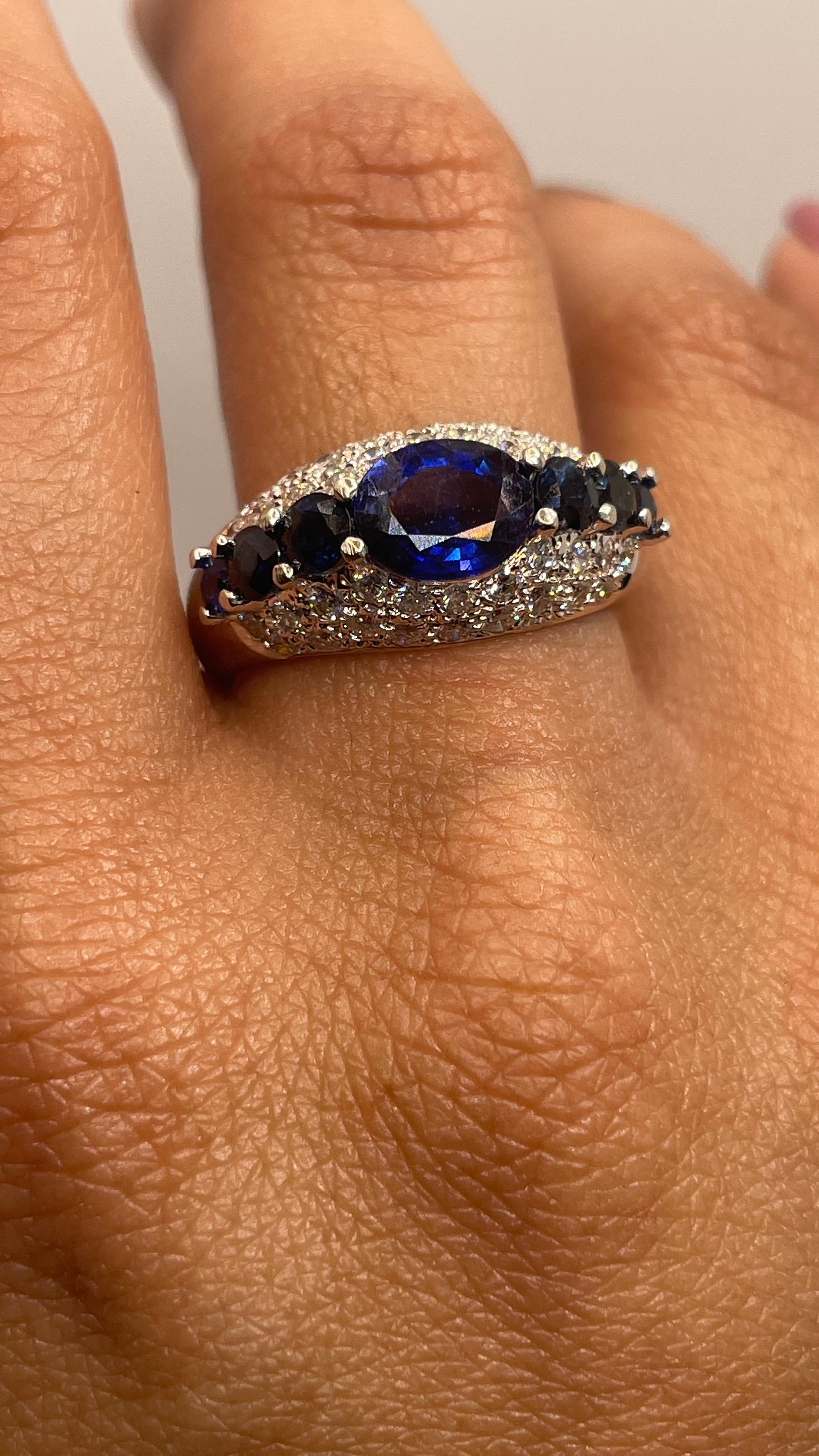 For Sale:  Blue Sapphire Engagement Ring with Diamonds in 18K White Gold 8
