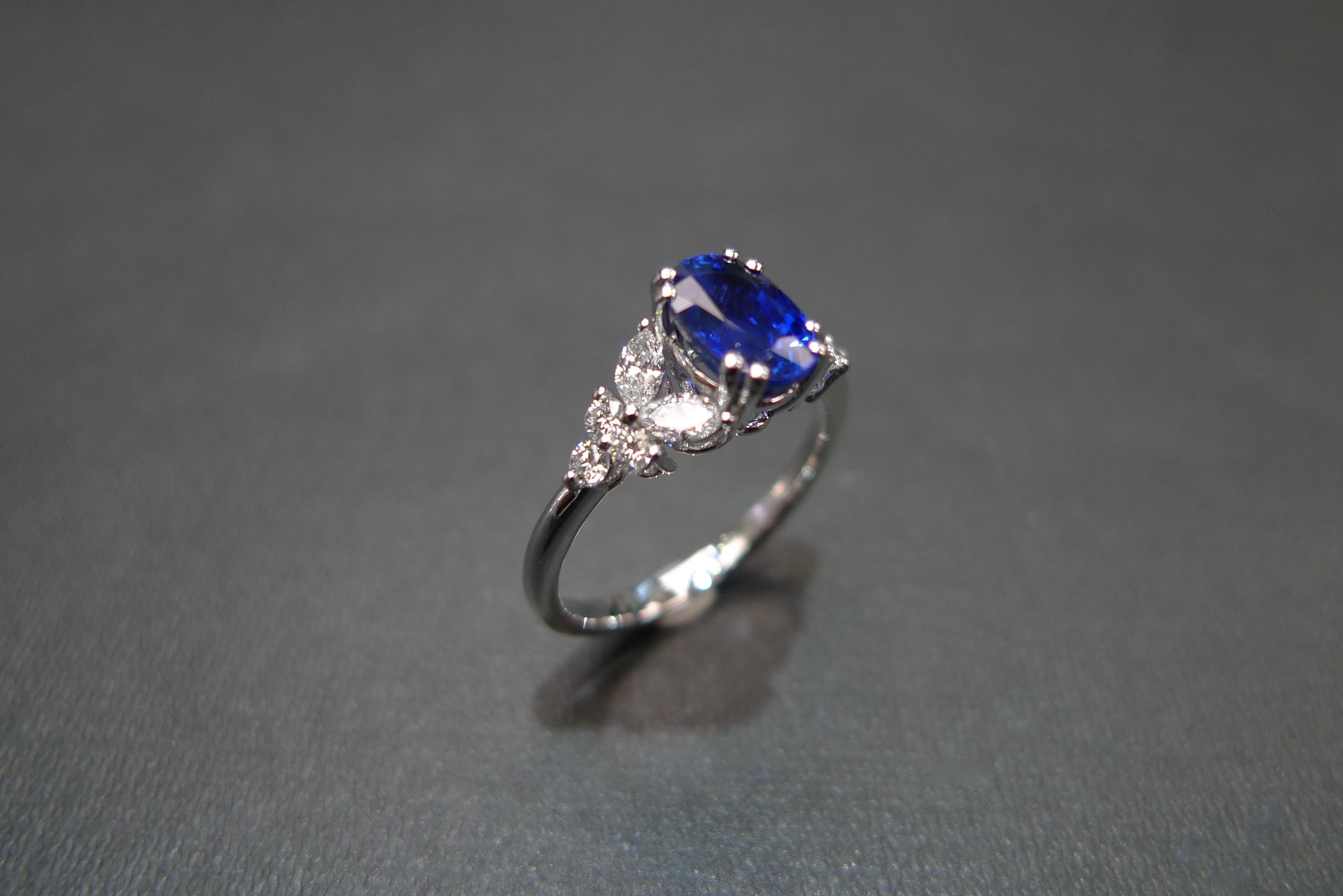 For Sale:  Blue Sapphire Engagement Ring with Marquise Cut Diamond in 18K White Gold 10
