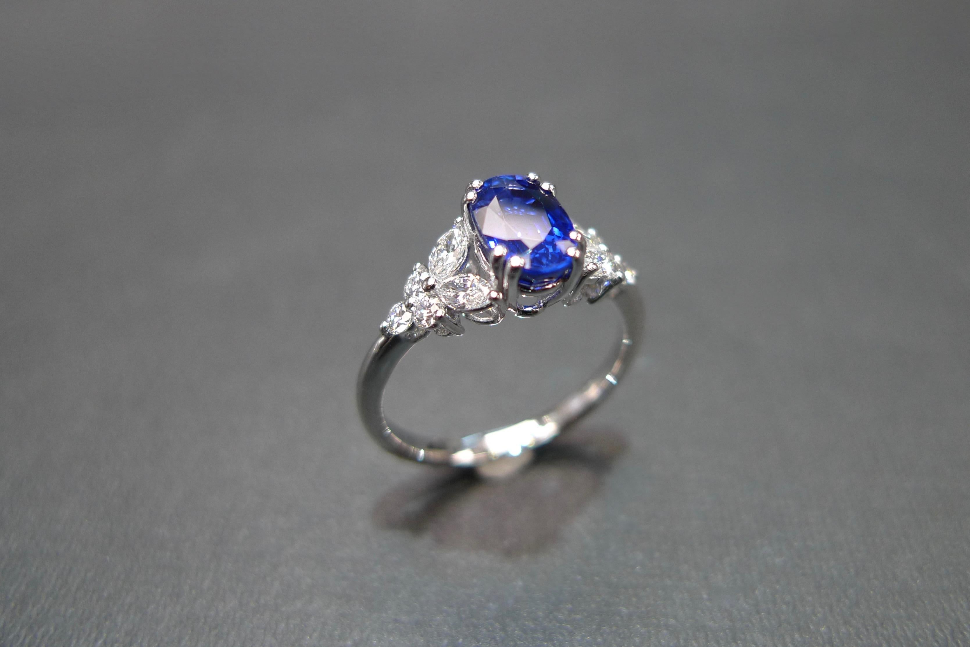 For Sale:  Blue Sapphire Engagement Ring with Marquise Cut Diamond in 18K White Gold 11