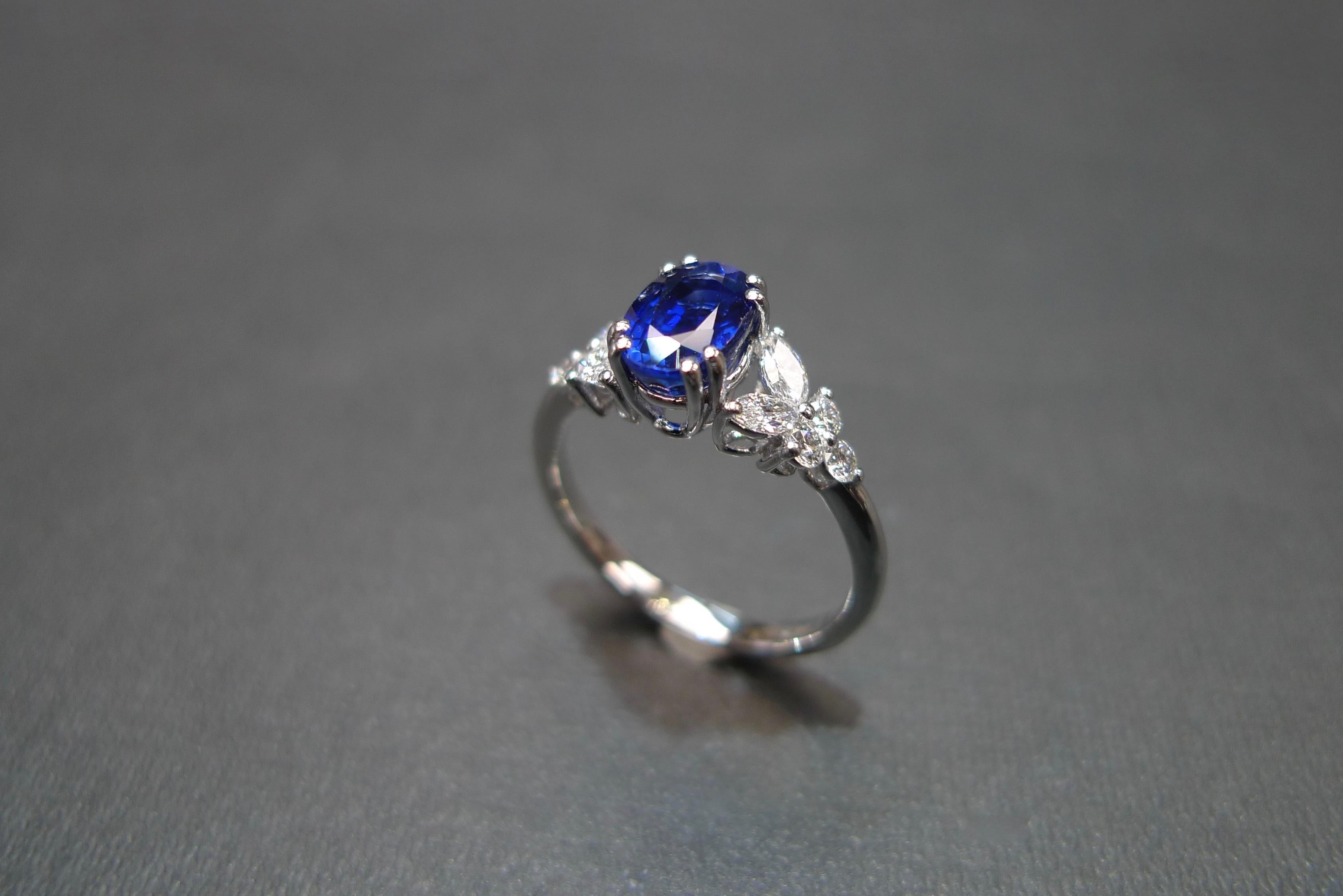 For Sale:  Blue Sapphire Engagement Ring with Marquise Cut Diamond in 18K White Gold 12