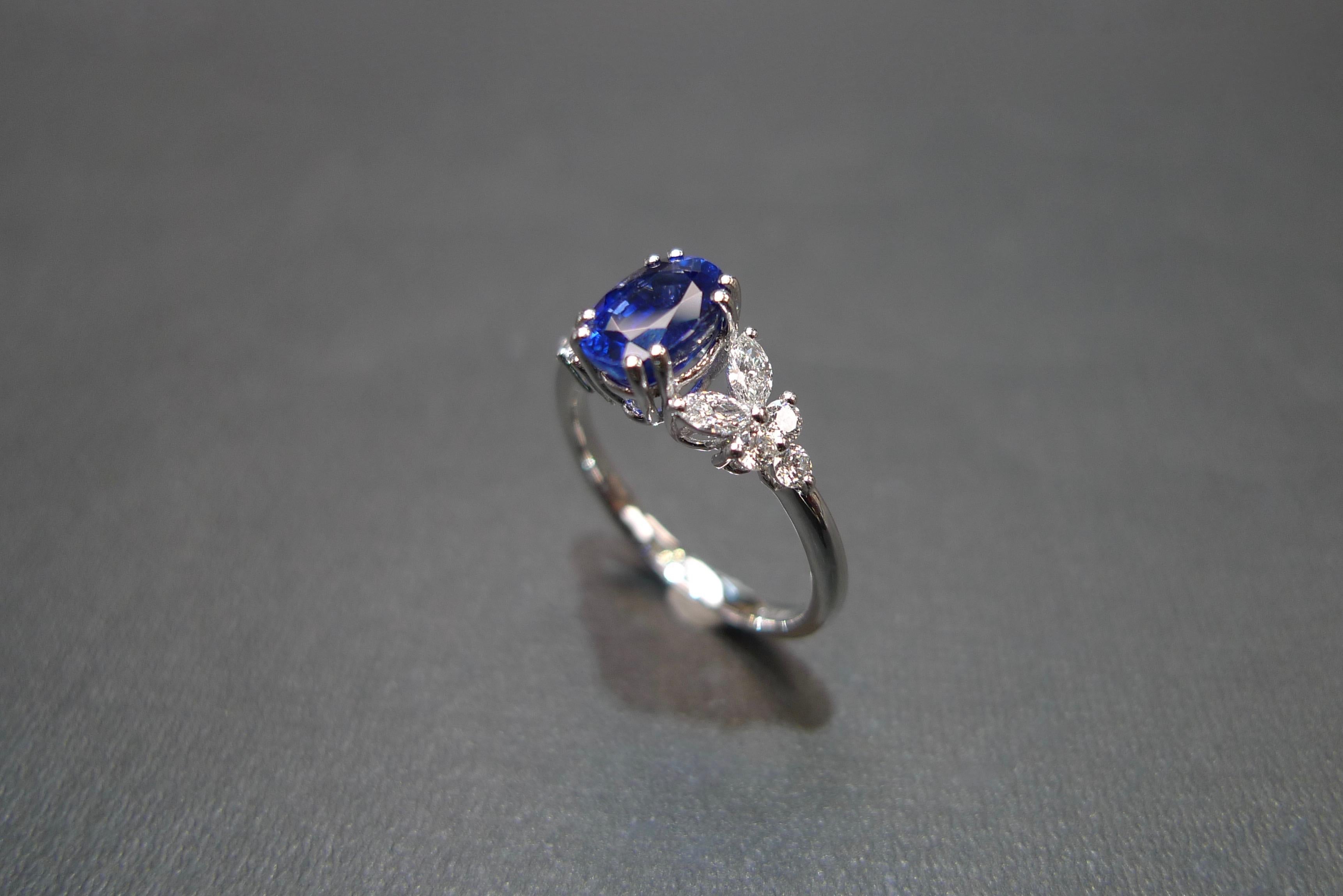For Sale:  Blue Sapphire Engagement Ring with Marquise Cut Diamond in 18K White Gold 13