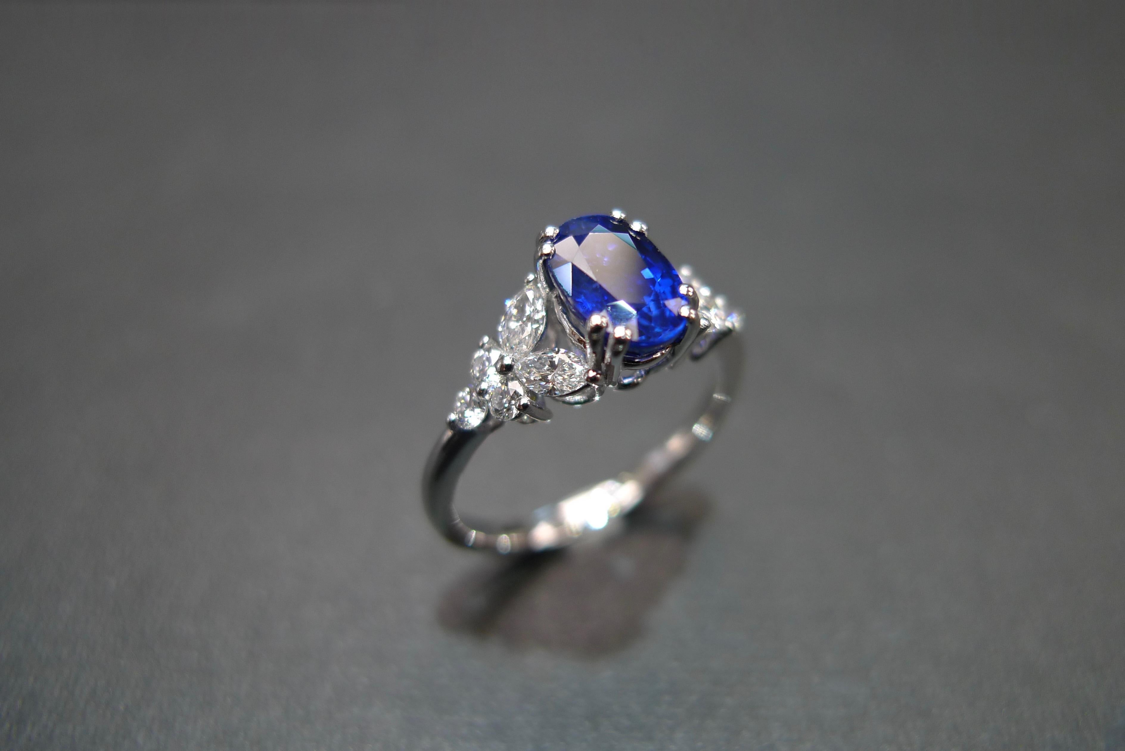 For Sale:  Blue Sapphire Engagement Ring with Marquise Cut Diamond in 18K White Gold 14