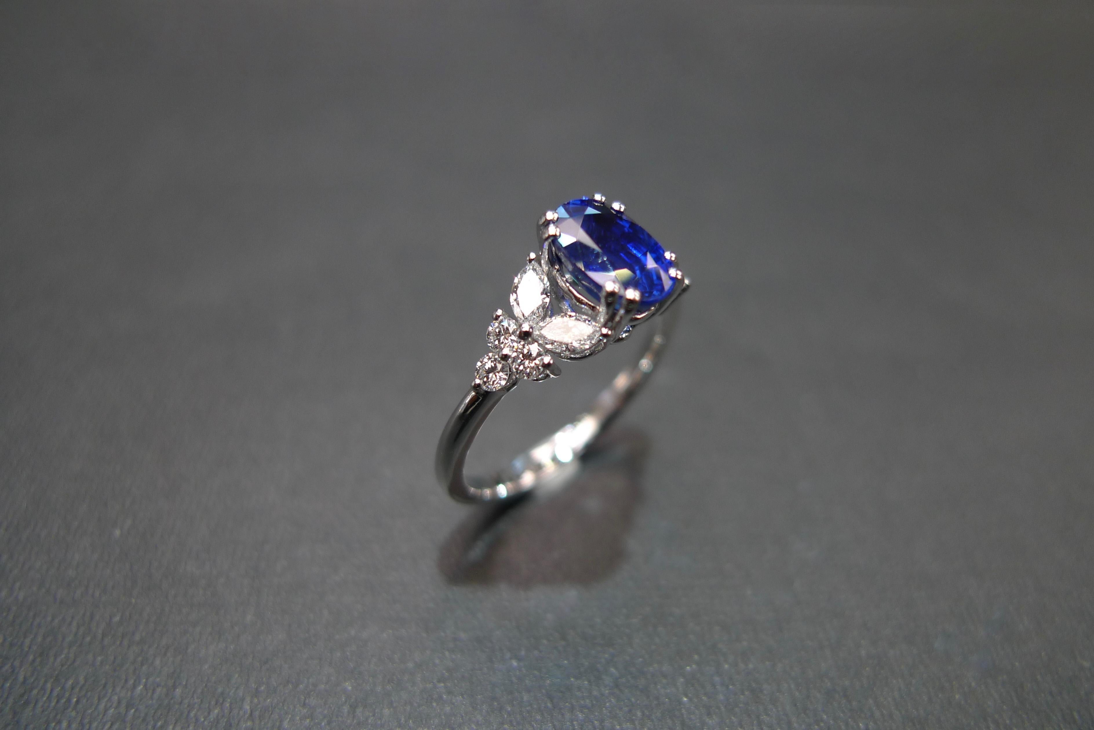 For Sale:  Blue Sapphire Engagement Ring with Marquise Cut Diamond in 18K White Gold 15