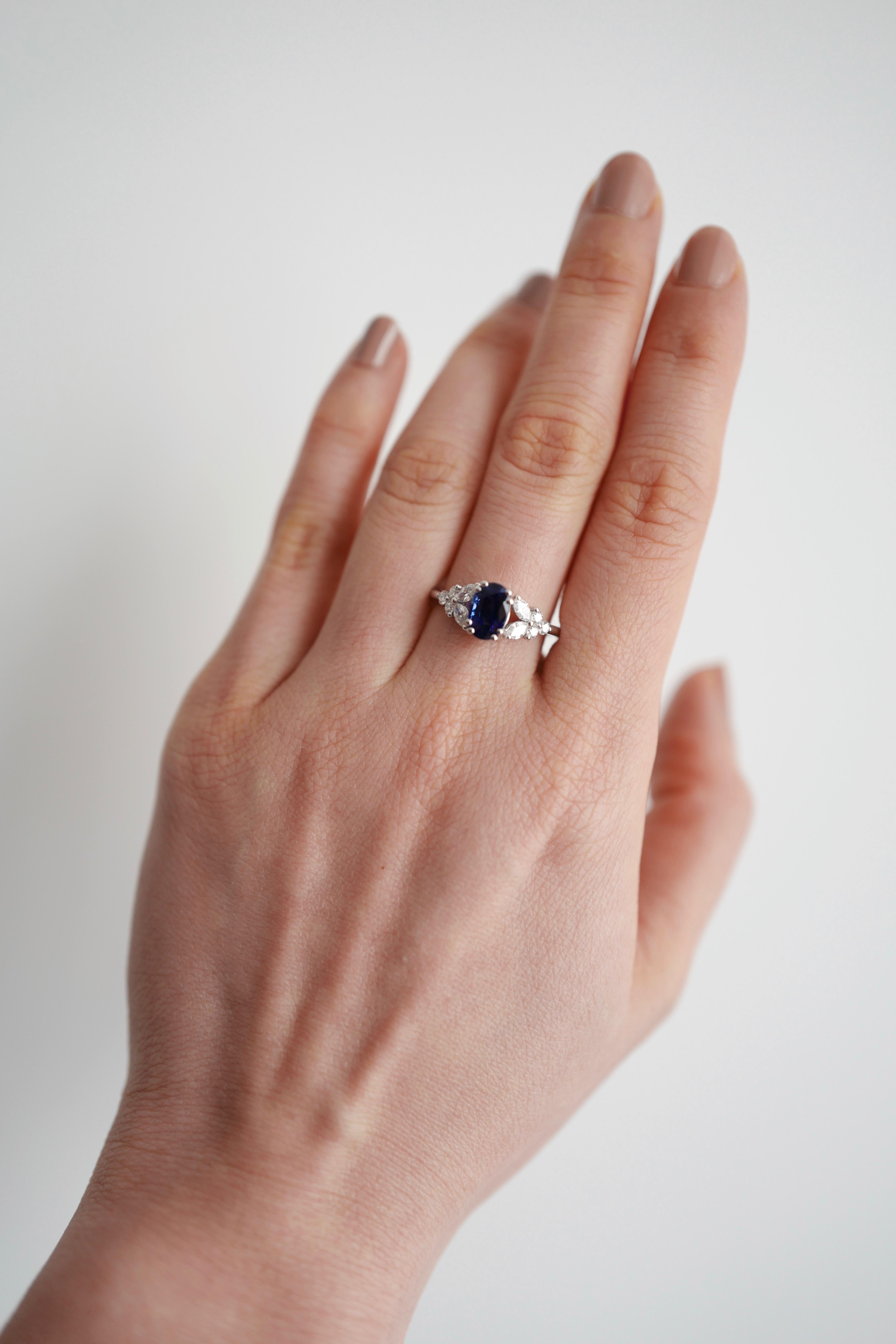 For Sale:  Blue Sapphire Engagement Ring with Marquise Cut Diamond in 18K White Gold 3