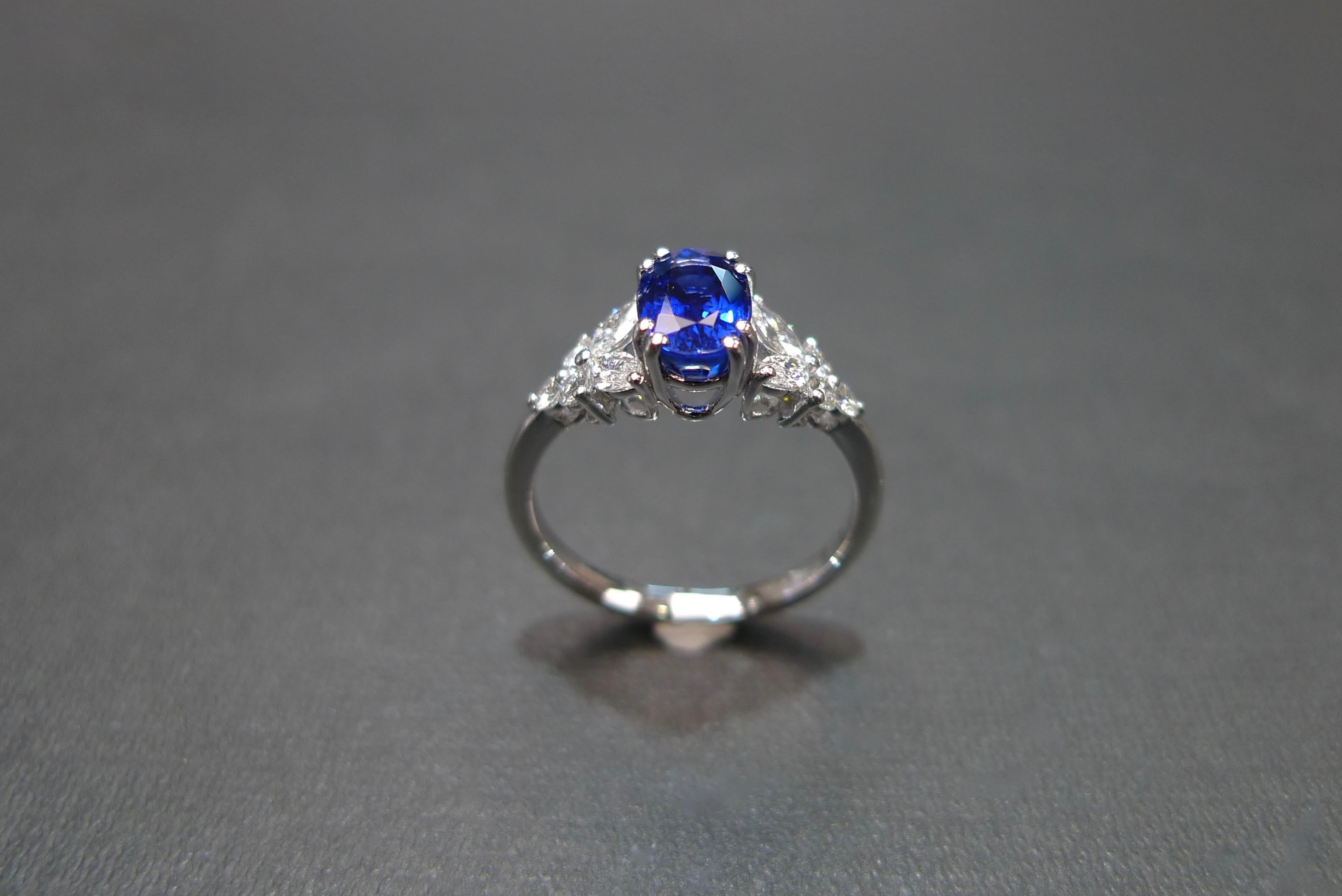 For Sale:  Blue Sapphire Engagement Ring with Marquise Cut Diamond in 18K White Gold 6