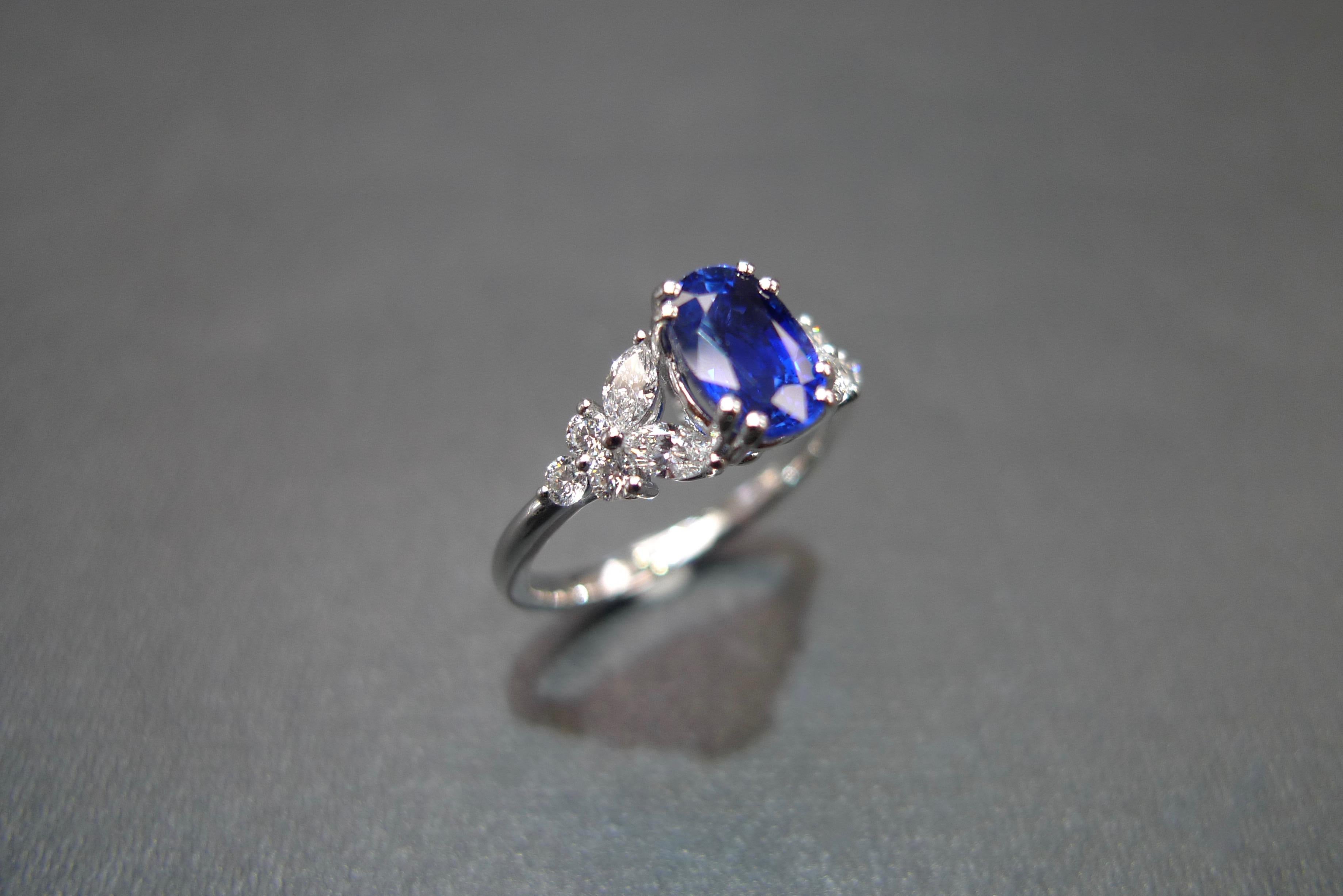 For Sale:  Blue Sapphire Engagement Ring with Marquise Cut Diamond in 18K White Gold 8