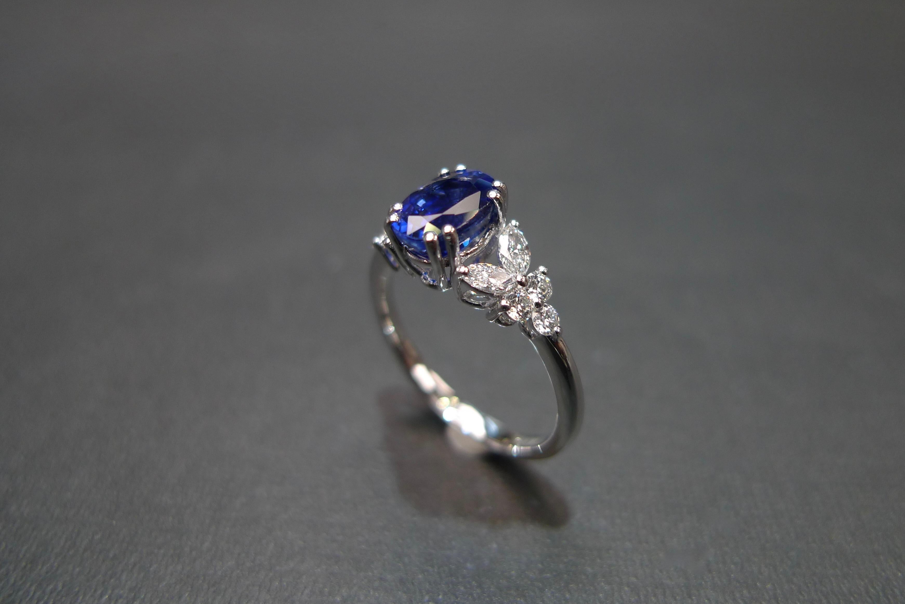 For Sale:  Blue Sapphire Engagement Ring with Marquise Cut Diamond in 18K White Gold 9