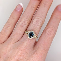 Blue Sapphire Engagement Ring with Natural Diamond Halo: Solid 14K Gold, 8x6mm