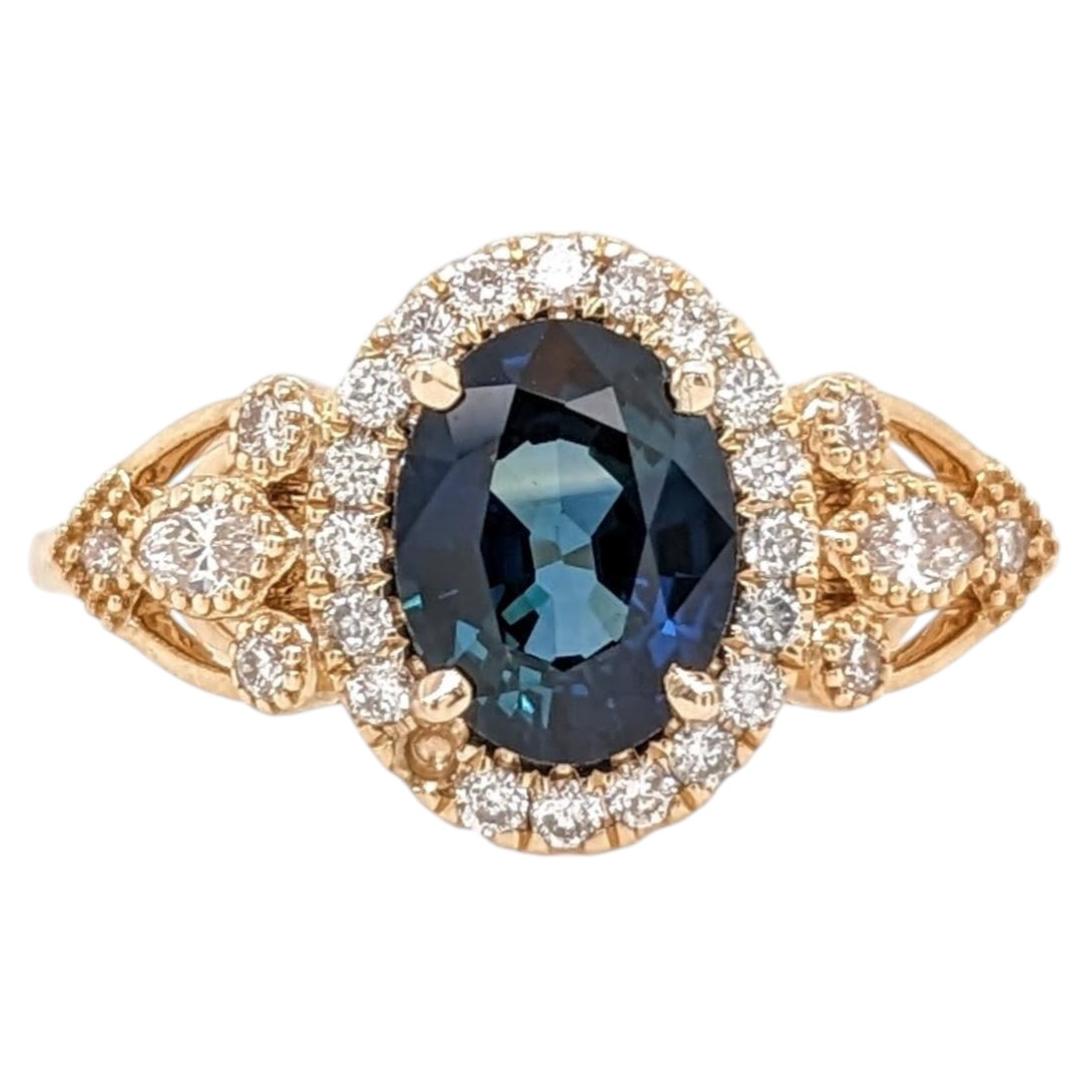 Blue Sapphire Engagement Ring with Natural Diamond Halo: Solid 14K Gold, 8x6mm