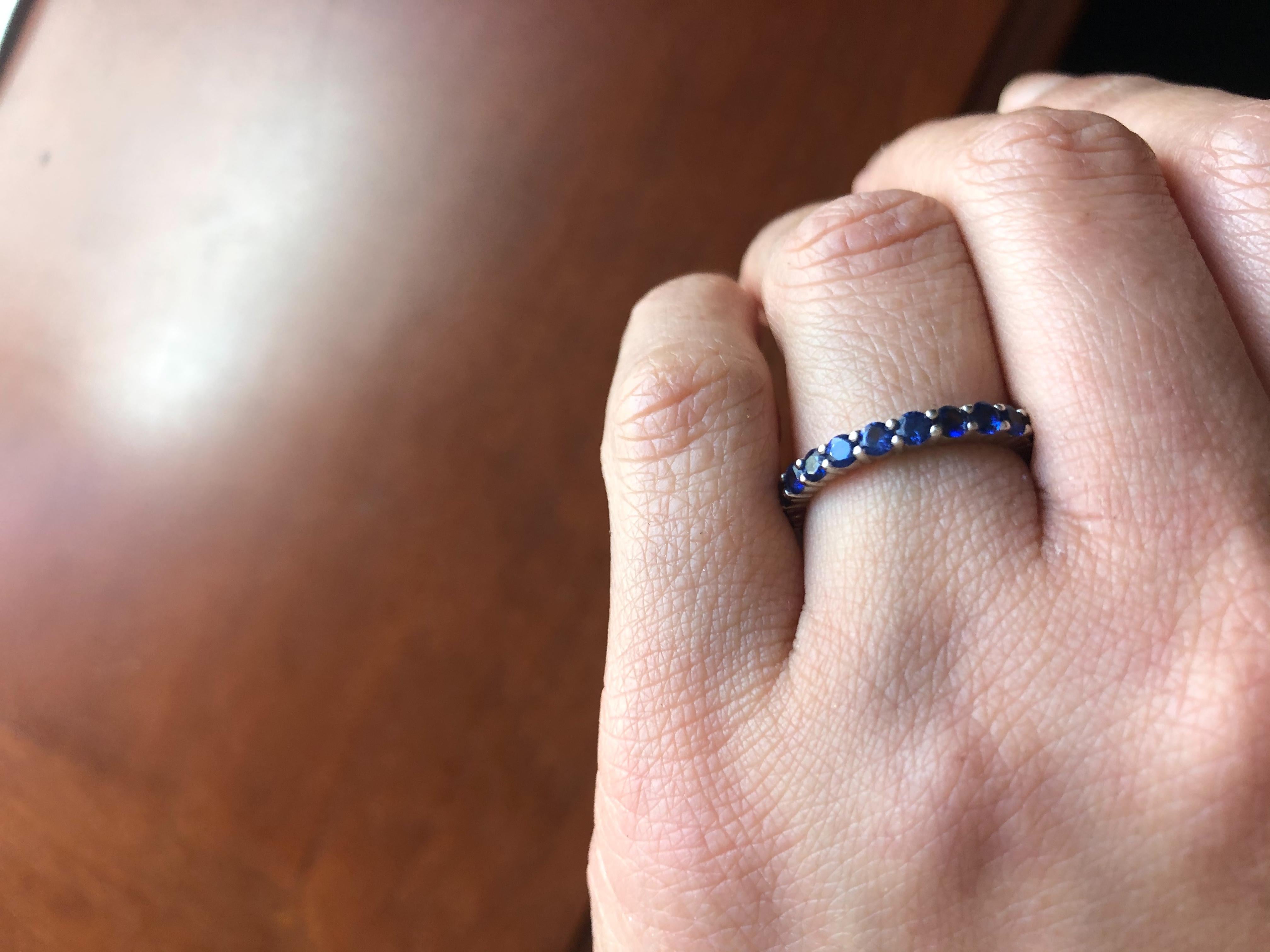 Round Cut Blue Sapphire Eternity Ring 18 Karat White Gold For Sale