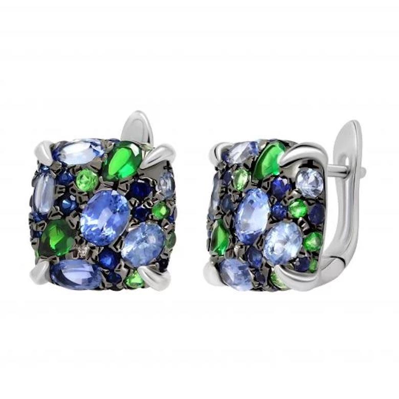 Modern Blue Sapphire Every Day Precious Tsavorite Diamond White Gold Earrings for Her For Sale