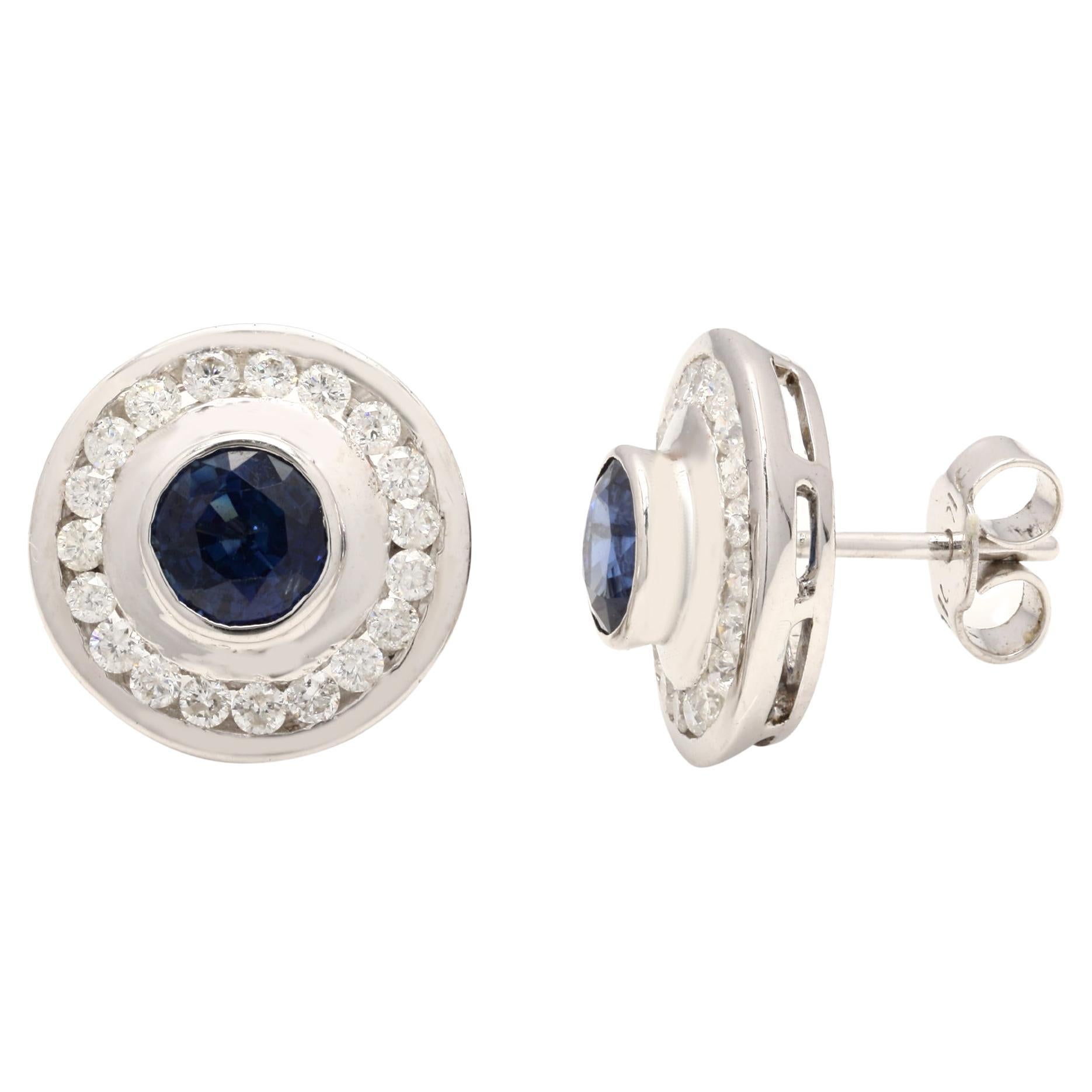 Blue Sapphire Everyday Stud Earrings Mounted in 14k White Gold with Diamonds For Sale