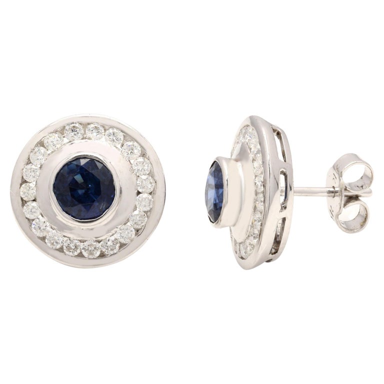Blue Sapphire Everyday Stud Earrings Mounted in 14k White Gold with
