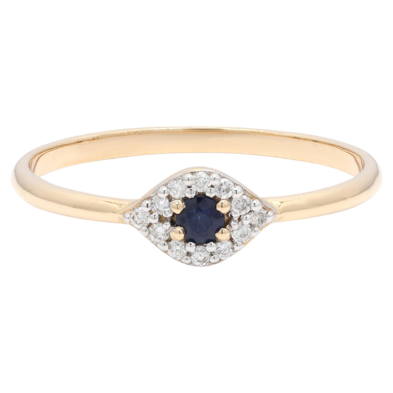 Blue Sapphire Evil Eye Diamond Ring in 14K Yellow Gold