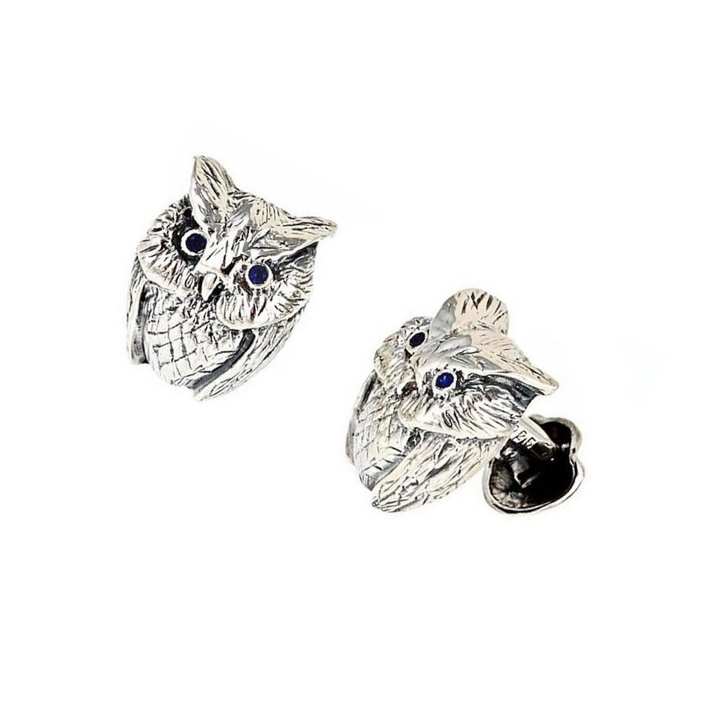 Contemporary Blue Sapphire Eyes Sterling Silver Owl Cufflinks by John Landrum Bryant For Sale