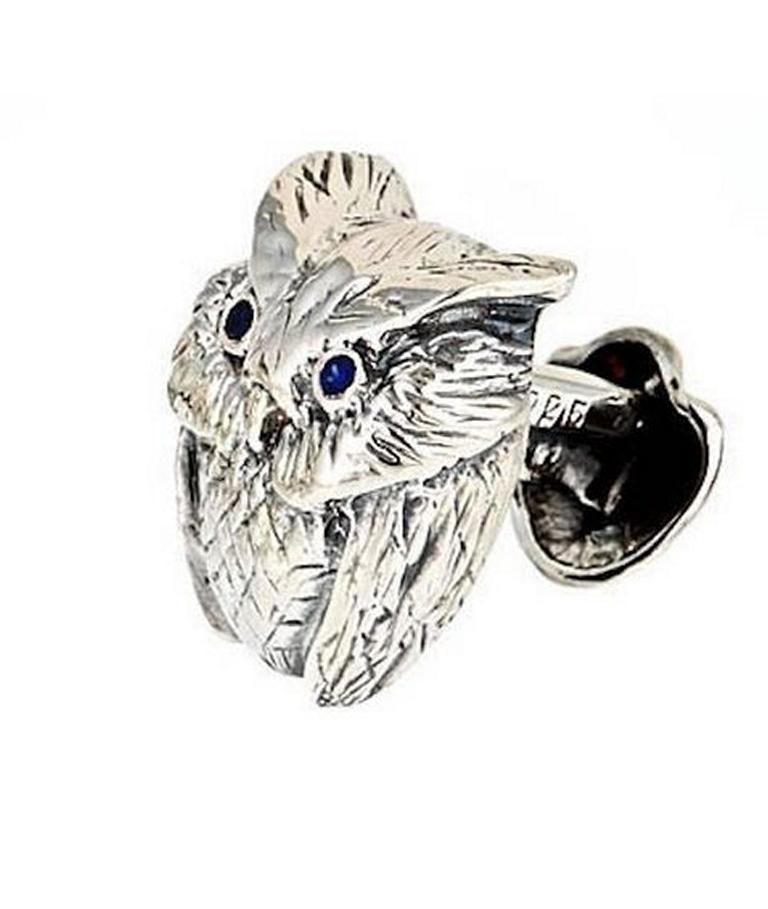 Blue Sapphire Eyes Sterling Silver Owl Cufflinks by John Landrum Bryant In New Condition For Sale In New York, NY