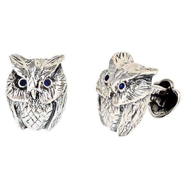 Blue Sapphire Eyes Sterling Silver Owl Cufflinks by John Landrum Bryant For Sale