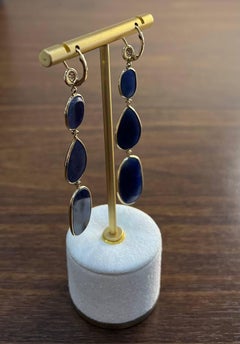 Blue Sapphire Faceted Cabochon Slices Diamonds 14K Gold Drop Statement Earrings