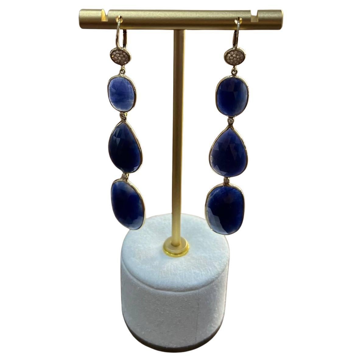 Blue Sapphire Faceted Cabochon Slices Diamonds 14K Gold Drop Statement Earrings