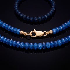 Blue Sapphire Faceted Rondelle Beaded Necklace with 14k Gold, 16"