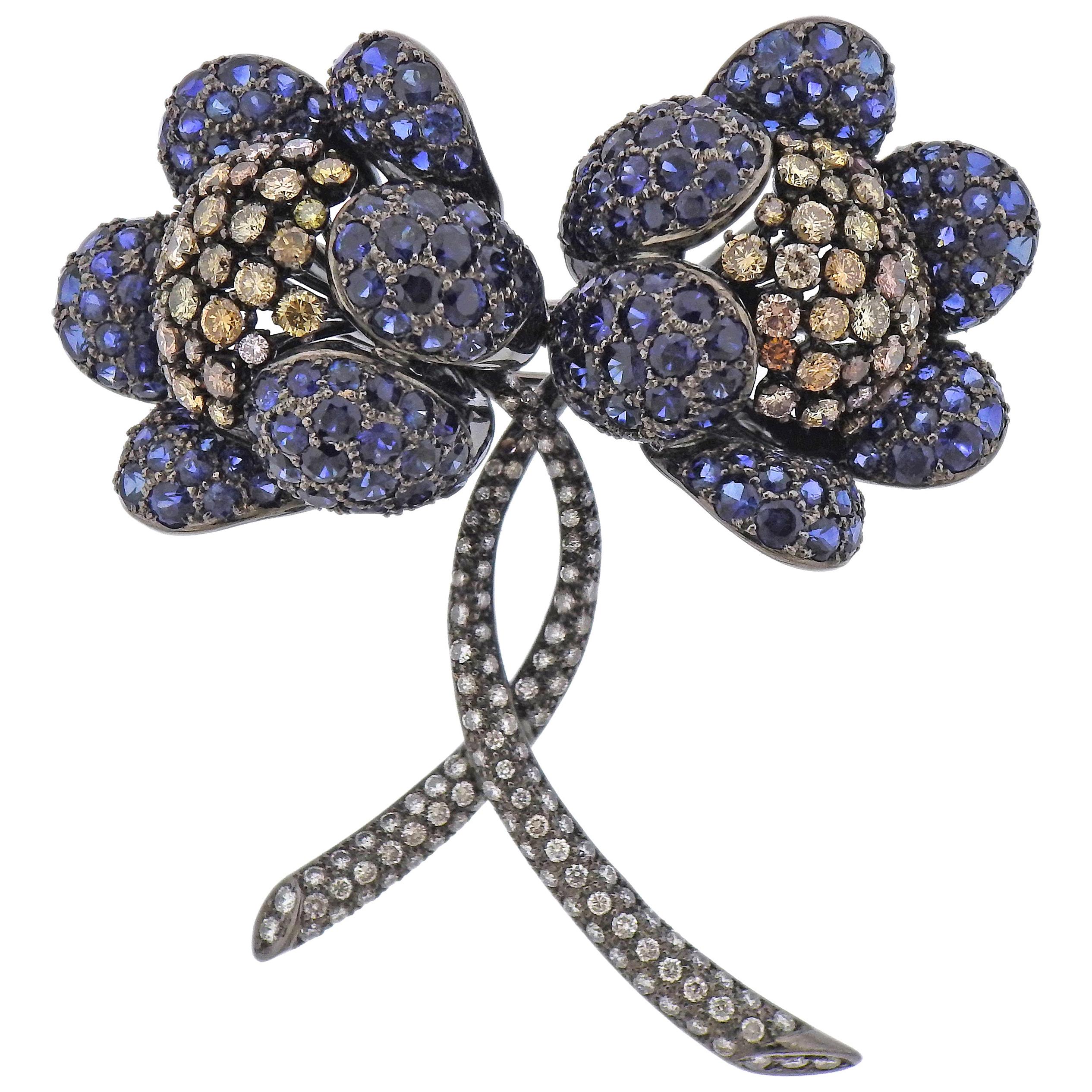 Blue Sapphire Fancy Diamond Gold Flower Brooch Pin