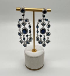 Blue Sapphire Fancy Shape White Diamond 18K White Gold Drop Statement Earrings