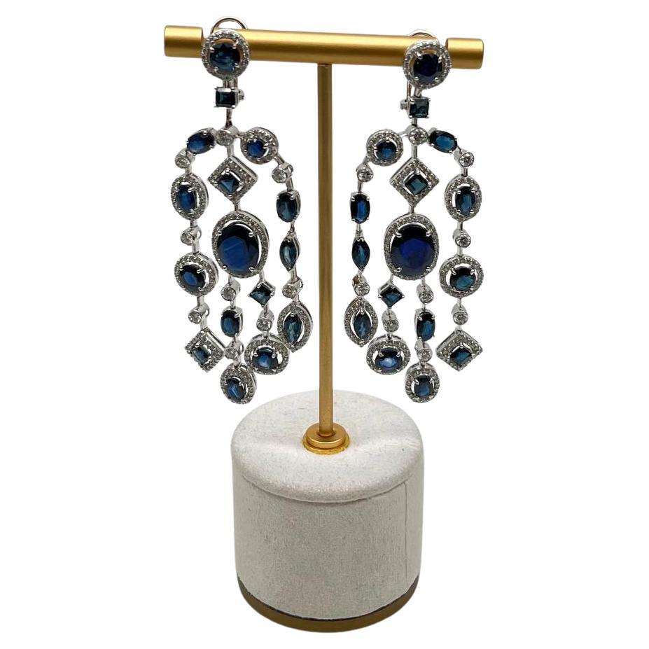 Blue Sapphire Fancy Shape White Diamond 18K White Gold Drop Statement Earrings