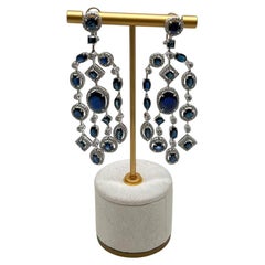 Blue Sapphire Fancy Shape White Diamond 18K White Gold Drop Statement Earrings