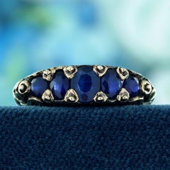 Blue Sapphire Five Stone Wedding Band Ring Antique Style in 14K Yellow Gold