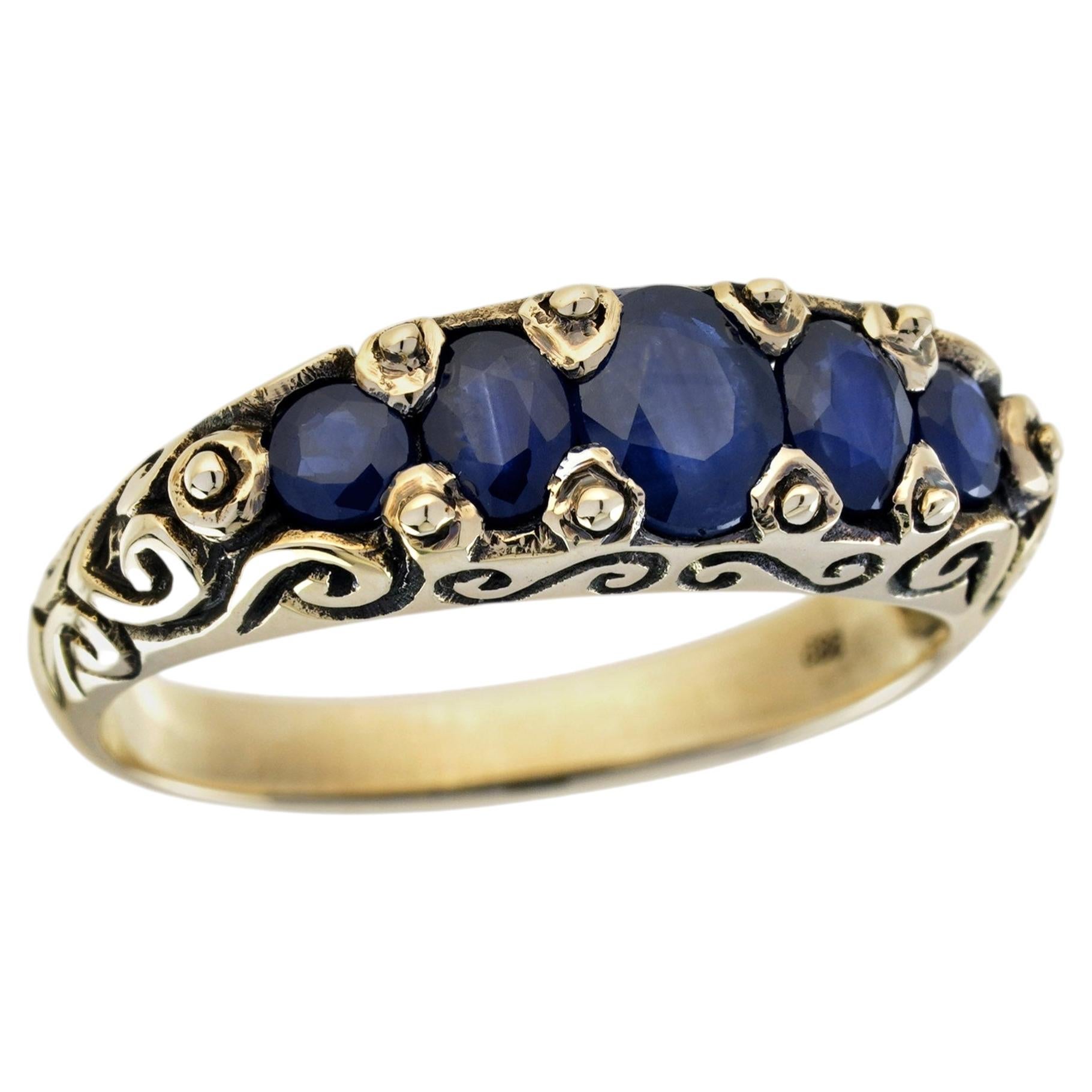 Blue Sapphire Five Stone Wedding Band Ring Antique Style in 14K Yellow Gold